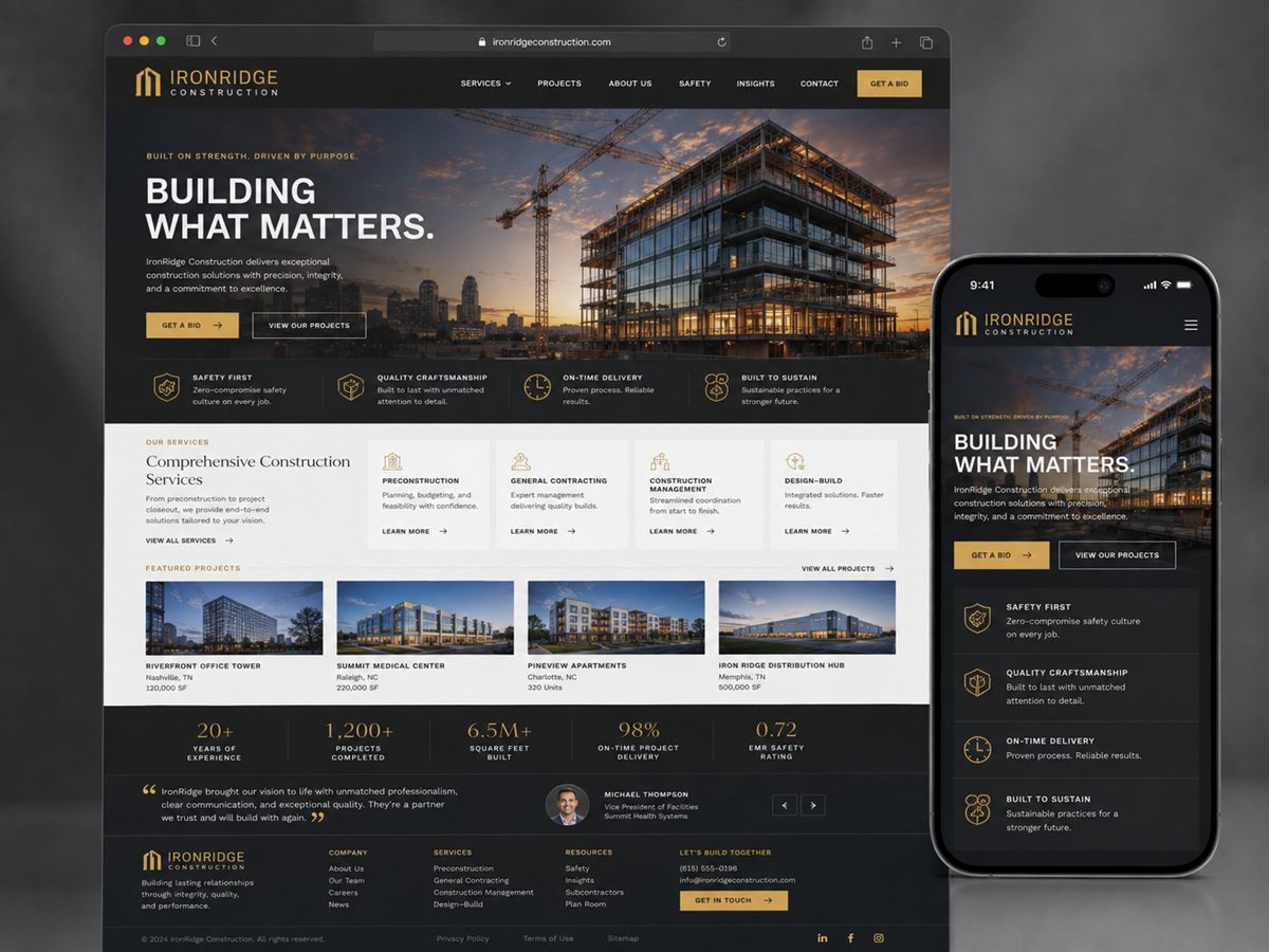 IronRidge Construction company website design by Prime Website Builders