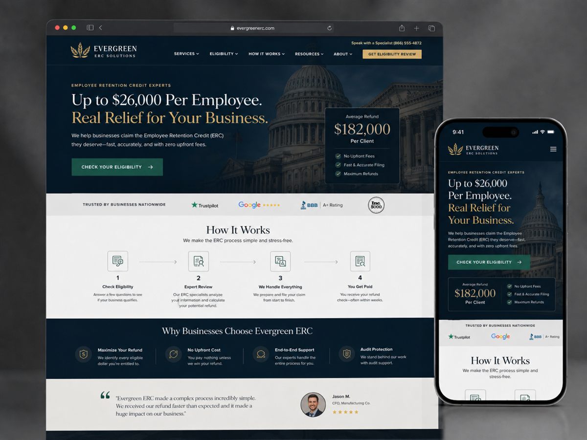 Evergreen ERC Solutions financial services website design by Prime Website Builders