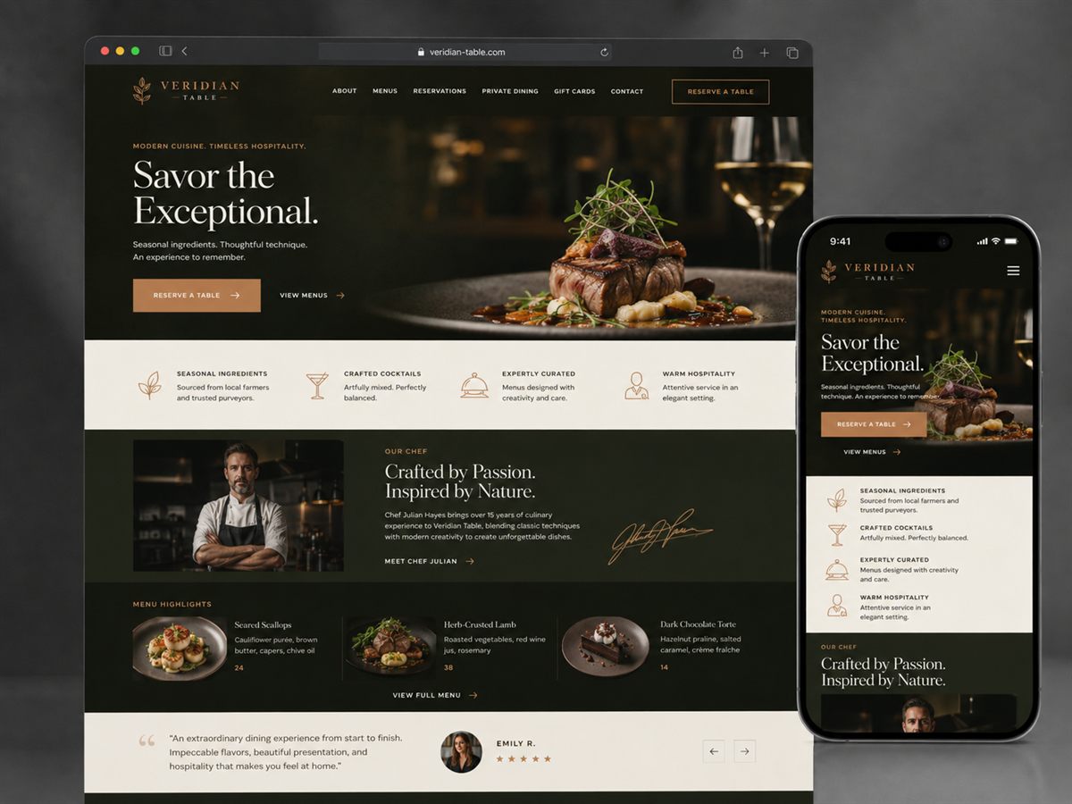 Veridian Table fine-dining restaurant website design by Prime Website Builders